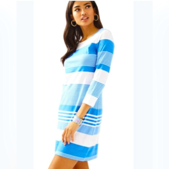 Lilly Pulitzer Marlowe Bay Blue Coconut Stripe 100% Pima Cotton Pullover Dress - Picture 14 of 14